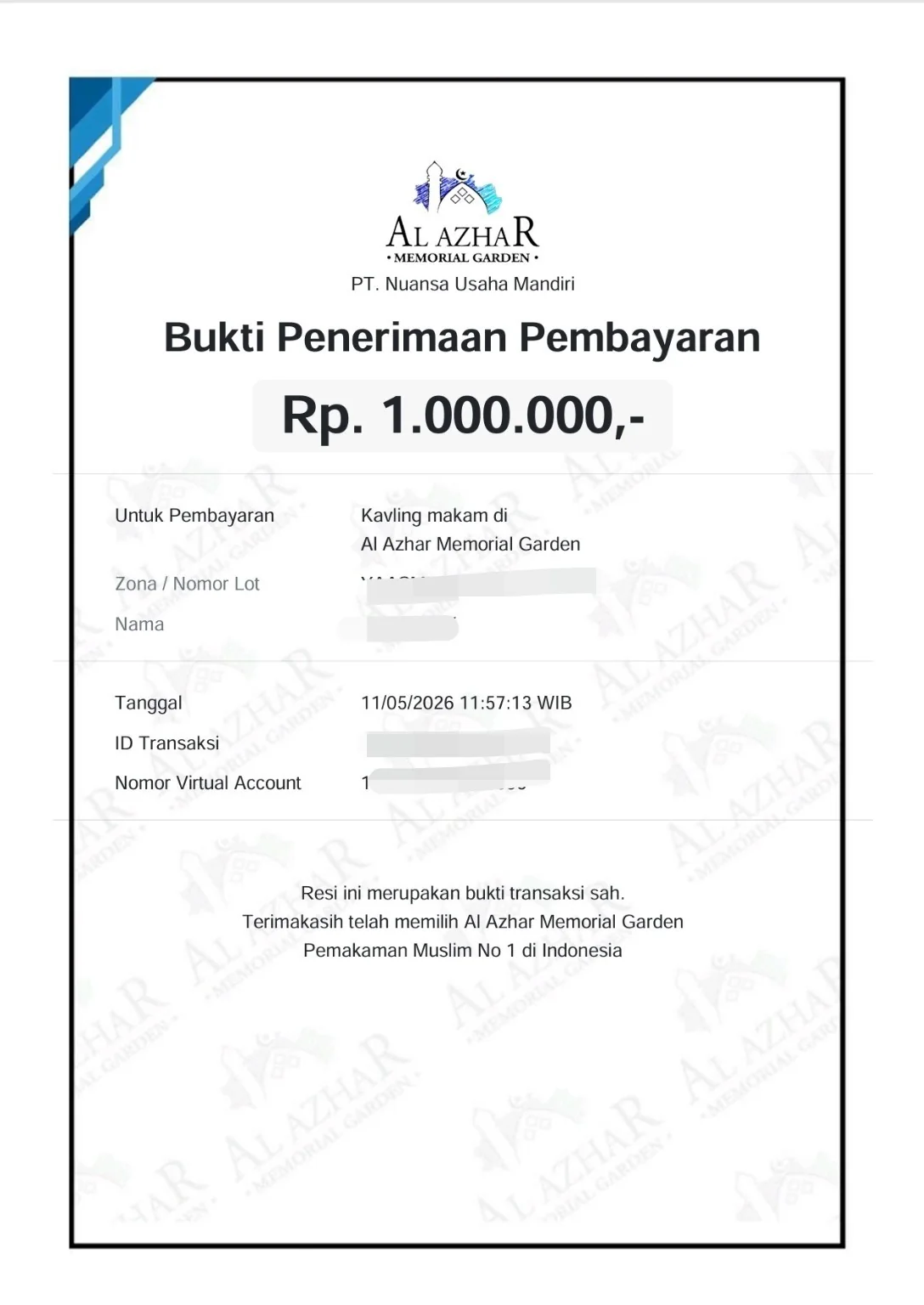 Contoh bukti tanda terima Booking Fee kavling makam Al Azhar