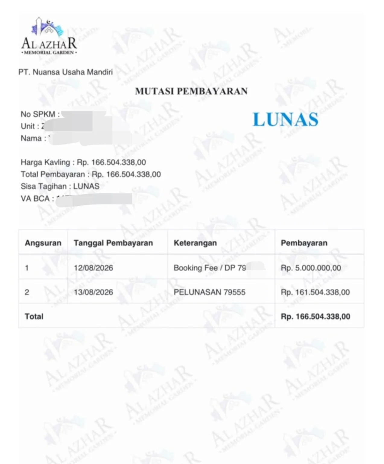 Contoh bukti tanda terima mutasi pelunasan kavling makam Al Azhar