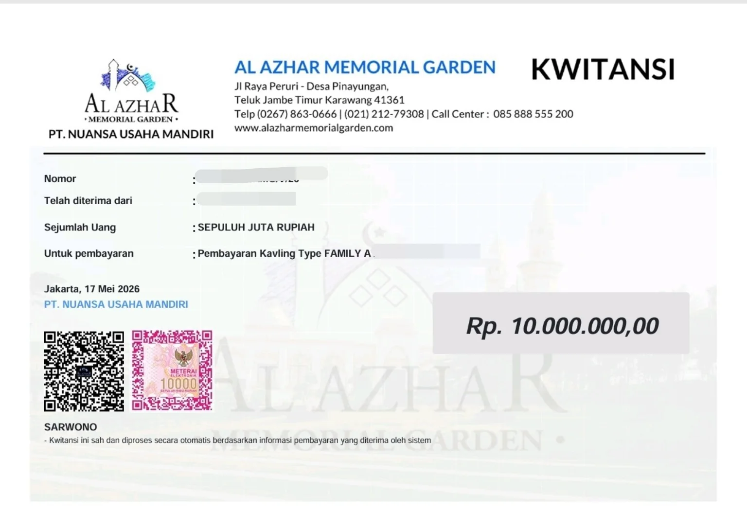 Kwitansi bukti pembayaran Booking Fee kavling makam Al Azhar
