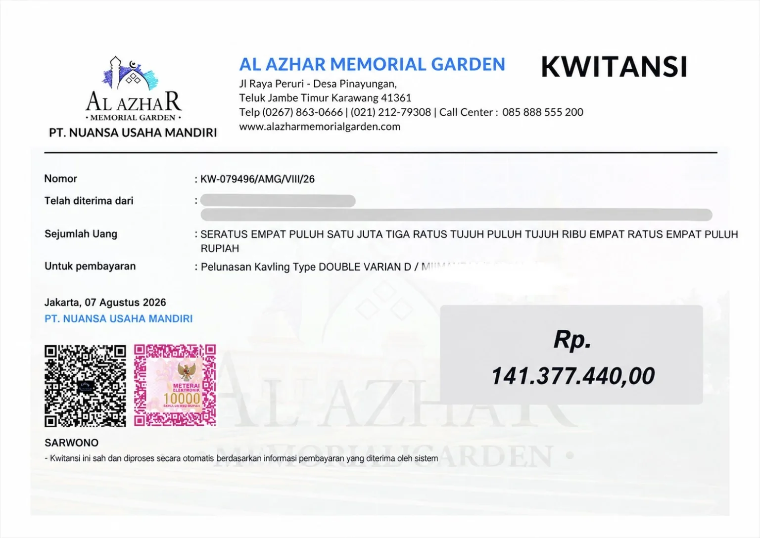 Contoh kuitansi pembayaran kavling makam Al Azhar