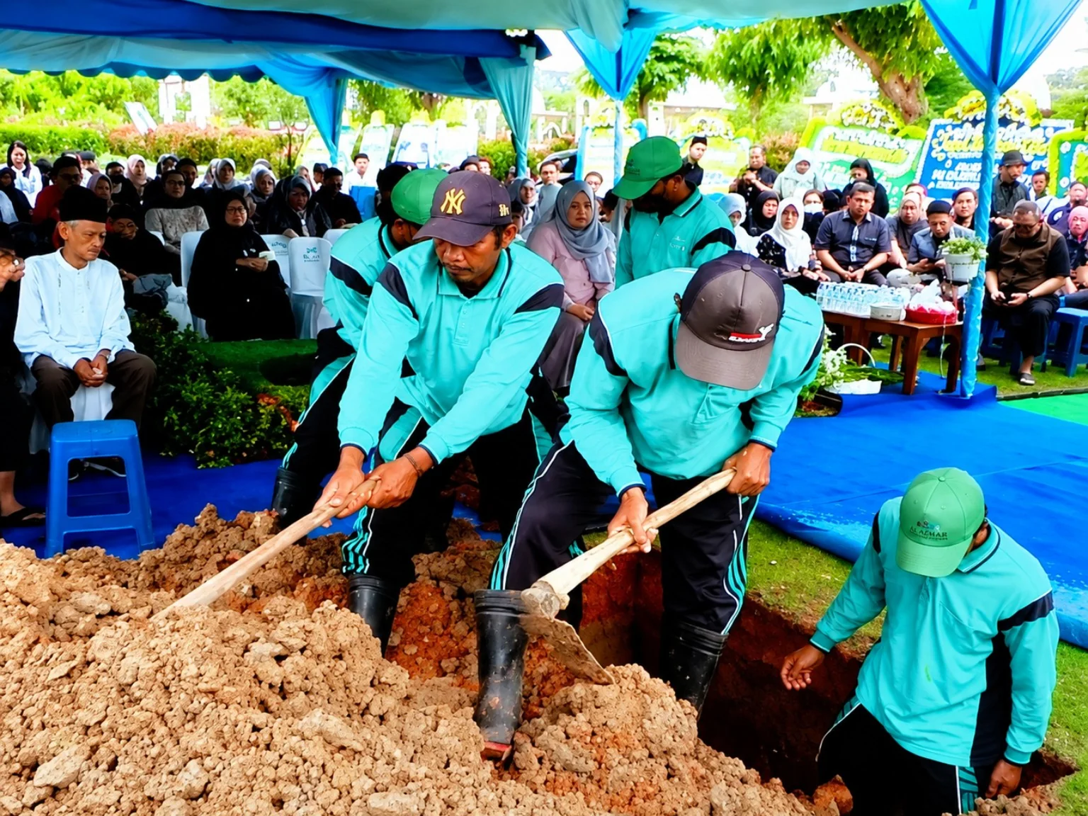 Keluarga dan petugas dalam prosesi pemakaman di Al Azhar Memorial Garden Karawang