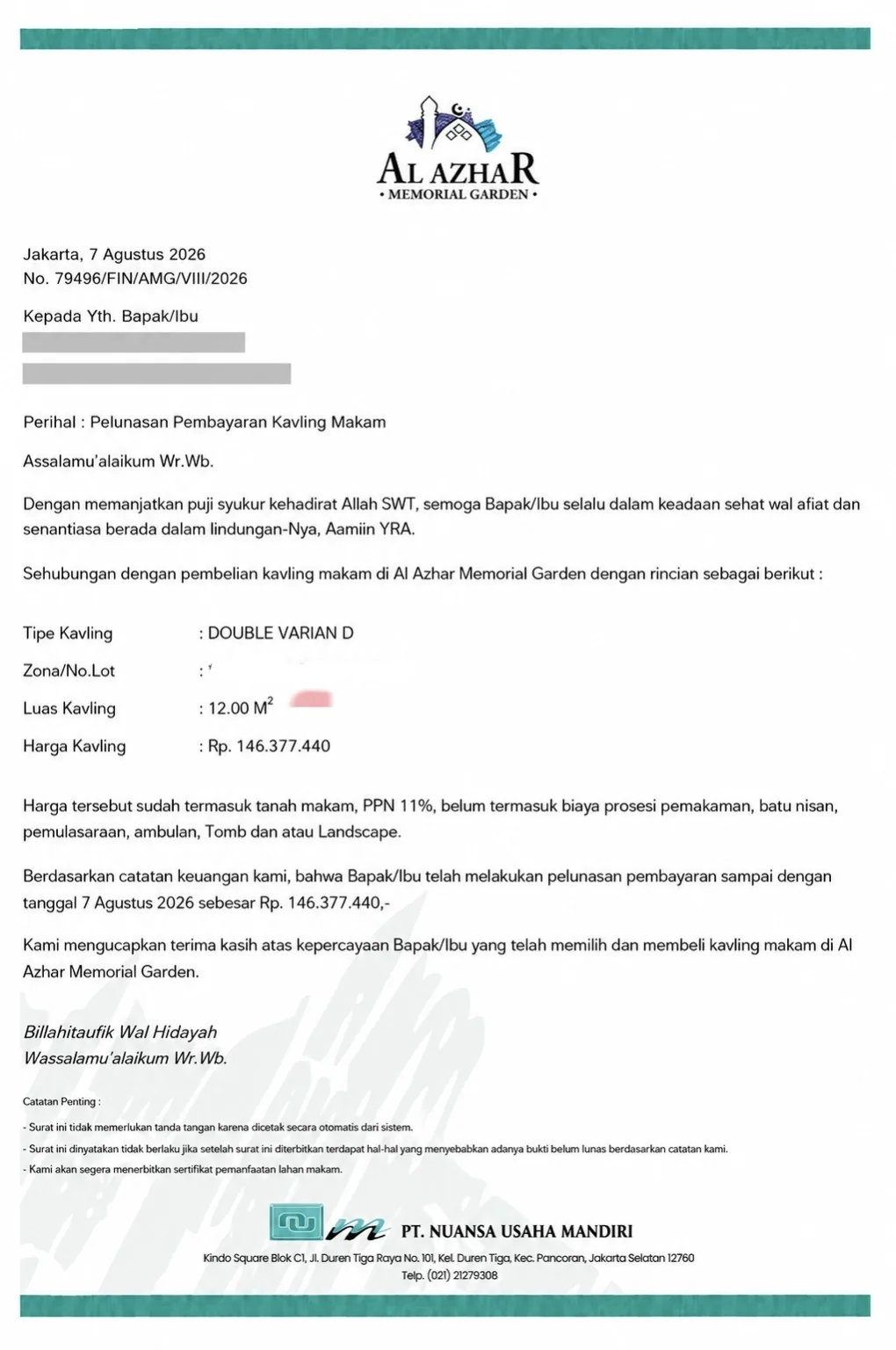 Surat pelunasan pembayaran kavling makam Al Azhar